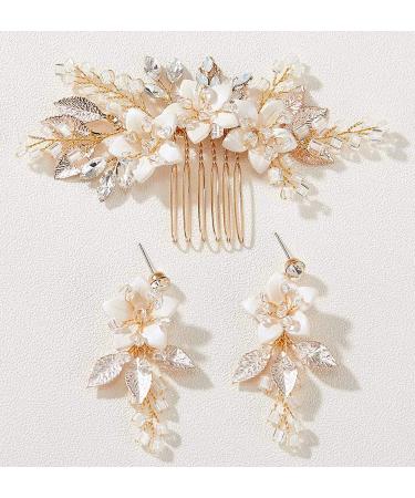 SWEETV Handmade Wedding Hair Comb and Bridal Earrings Set Gold Wedding Hair Accessories for Brides Women