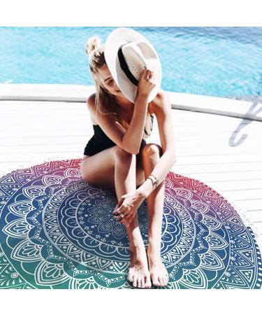 Oversize Round Mandala Beach Towel - Bohemian Quick Dry Microfiber Towel with Tassel - 59 Green Pink Mandala Design - Buy Online on SooperMarket.com