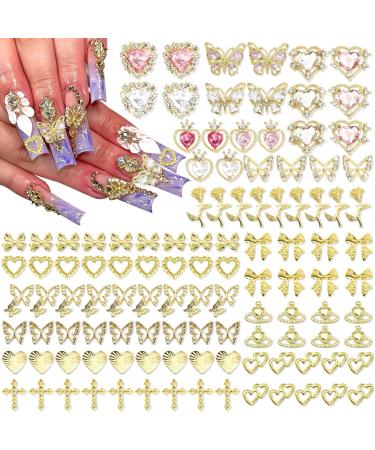 RODAKY 124PCS Gold Nail Charms 3D Butterfly Nail Gems Pink Crystal Heart Nail Art Jewelry Bow Charms for Acrylic Nails Glitter Cute Nail Decoration Metal Rose Cross Charms for Manicure Design