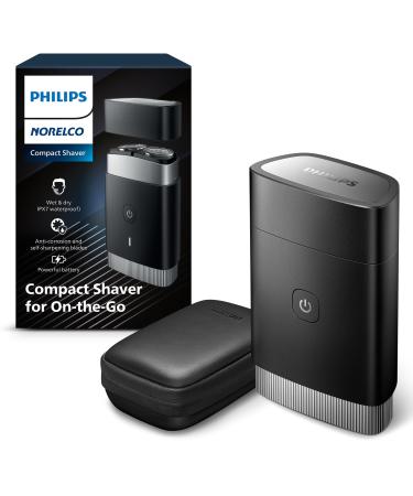 Philips Norelco Compact Portable Men's Travel Electric Wet & Dry Facial Shaver Rechargeable for On-The-Go 2 Month Battery Life on 1 Charge Waterproof with Travel Case & Protective Cap PQ888/81