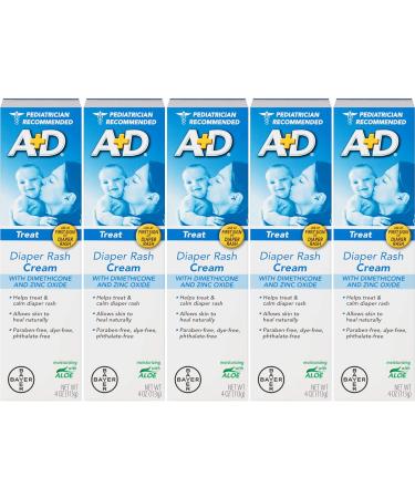 A+D Zinc Oxide Diaper Rash Cream with Aloe 4 oz (Pack of 5) - Soothing Protection for Baby's Skin - Buy Online on SooperMarket.com