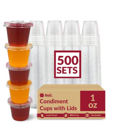 Reli. 1 oz Small Containers with Lids (500 Sets) | Jello Shot Cups with Lids | Clear Plastic Condiment Containers with Lids | Portion Cups with Lids | Sauce Cups | Souffle Cups | Stackable | Bulk