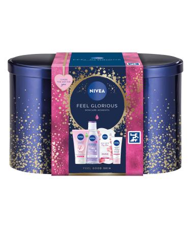 NIVEA Feel Glorious Gift Set (5 Products) Women's Gift Set with Beauty Products Includes Micellar Water Face Mask Day Cream Cream Wash with Stylish Oval Tin