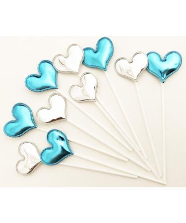 Ailexi Hand -made 10 leather reflective glitter cake piece for cake cup cake and ice cream - 5 light blue and 5 silver heart light blue/silver heart
