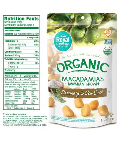 Royal Hawaiian Orchards Organic Rosemary Sea Salt Macadamia Nuts - 4 oz (Pack of 2) | Gluten-Free, Vegan, Non-GMO, Kosher - Buy Online on SooperMarket.com