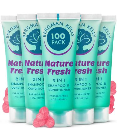 BERGMAN KELLY - Travel Size Shampoo & Conditioner 2 in 1-1 fl oz 100 PK Nature Fresh - Delight Your Guests w/Refreshing & Soothing Shampoo Amenities - Small Hotel Toiletries in Bulk