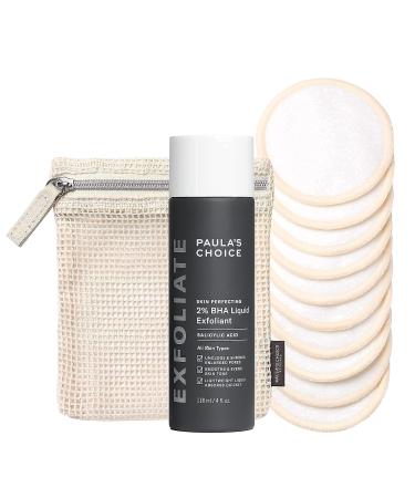 Paulas Choice SKIN PERFECTING 2% BHA Salicylic Acid Liquid Exfoliant & Reusable Cotton/Bamboo Pads Duo, for Toner, Exfoliants & Makeup Remover, Eco-Friendly, Fragrance-Free & Paraben-Free, Set of 2