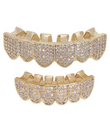 Diamond Teeth Grillz Cold Plated Copper Grills for Your Teeth Reusable Vampire Teeth for Kids Men Women Teeth Decoration for Halloween Party Hip Hop Music Concerts Birthday(gold)