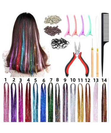 14 Colors Hair Tinsel Extensions 47 Inch Glitter Hair Extension Fairy Hair Tinsel Strands Kit Holographic Dazzle Colour Straight Hair Extensions for Women Girls Party Cosplay 2800 Strands Hair.