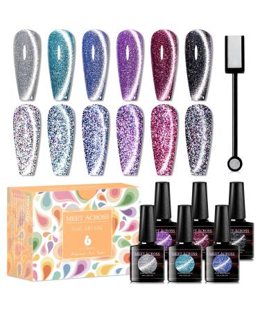 MEET ACROSS Reflective Glitter Cat Eye Gel Nail Polish Set Sparky Diamond Cateye Nail Polish Magnetic Gel Polish Soak off UV Gel Nail Polish with Magnet Stick for Nail Art Salon and DIY