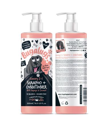 BUGALUGS Dog Shampoo Luxury 2 in 1 Papaya & Coconut dog grooming shampoo products for smelly dogs with fragrance best puppy shampoo professional groom Vegan pet shampoo & conditioner Shampoo 1x500ml