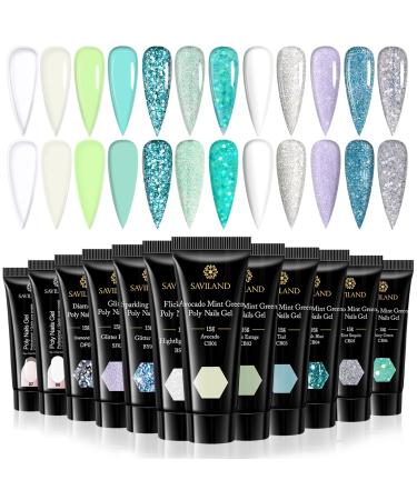 SAVILAND Poly Gel Nail Kit - 12 Colors Poly Gel Nail Colors 15g Nail Extension Gel Set White Blue Green Glitter Builder Nail Gel Poly Nail Gel for Professional Nail Salon Home DIY French