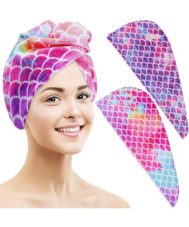2Pack Microfiber Hair Towel Wrap Hair Drying Towels for Kids Super Absorbent Hair Dry Wrap Quick Dry Hair Turban for Drying Curly Long Thick Hair Anti Frizz Twisty Hair Towel for Women Girls Mermaid