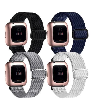 BOTNUW 4 Pack Elastic Bands Compatible with Fitbit Versa 2 /Versa /Versa SE/Versa Lite Wristbands Fitness Smart Watch, Soft Loop Nylon Adjustable Stretchy Replacement Straps for Women Men Black & Dark Blue & Light Gray & White