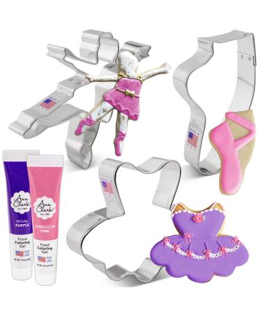 Ballet Cookie Cutters and Decorating 5-Pc. Set Made in USA by Ann Clark Tutu Ballerina Ballet Slipper Pink & Regal Purple Food Coloring Gel