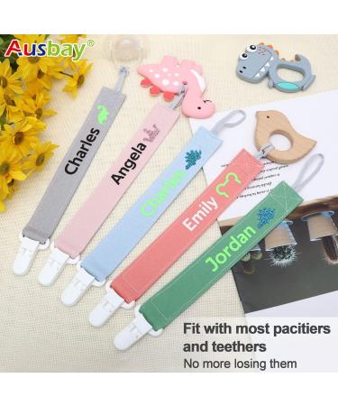 Personalized Name Pacifier Clip (2 Pack) - Custom Cotton Paci Holder Leash for Baby - Binky Clips with Name - Gray+Beige - Buy Online on SooperMarket.com