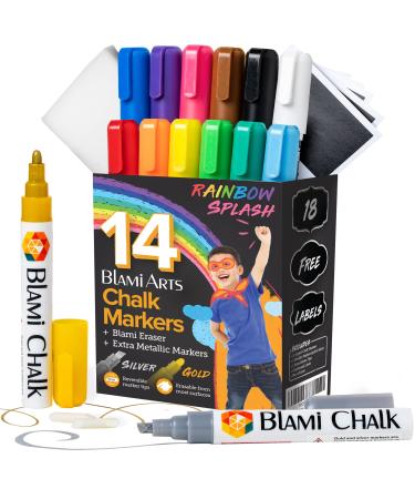 Blami Arts Liquid Chalk Markers Washable -14 Ink Pens & Extra Gold and Silver Colors - Chalkboard Labels Pack Included Non Toxic - Reversible Tips and Erasing Sponge included 14 Set Multi-Colors