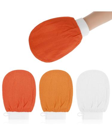 Exfoliating Gloves 3Pcs Body Scrub Glove Bath SPA Exfoliating Mitts Dual-Sided Deep Clean Exfoliation Scrubbing Mitt Dead Skin Remover Glove Deep Body Scrubber for Women and Men(Orange)