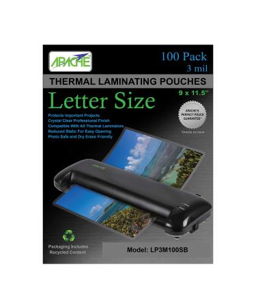 Apache Laminating Pouches 3 mil for 8.5 x 11 inch Letter Size Paper 9 x 11.5 inch Sheets 100 Pack 3mil Letter 100 Pack