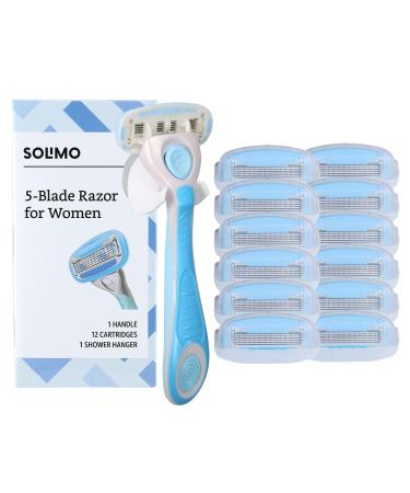 Amazon Brand - Solimo 5-Blade Razor for Women, Handle, 12 Cartridges & Shower Hanger (Cartridges fit Solimo Razor Handles only) 14 Piece Set Razor