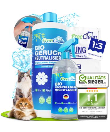 FreeClean Bio Bio Ruchs Neutralizer concentrate 1000ml extra strong without chemistry enzyme cleaner caturin including mixed bottle - highly concentrated odor remover as a textile freshener - made in DE for cat owners