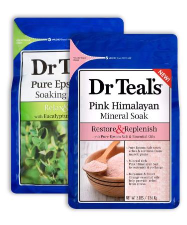 Dr. Teals Mothers Day Salt Bath Variety Gift Set (2 Pack 3lbs Ea.) - Relax & Relief Eucalyptus & Spearmint and Restore & Replenish Pink Himalayan - Blended with Pure Epsom Salt - at Home Spa Kit