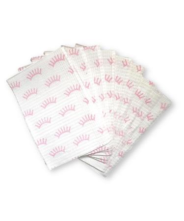Disposable Lashing Dental Bib | 125 Pack | Size 13x18 inches | Eyelash Extension Supplies | White Bib with Pink Lash Print Design