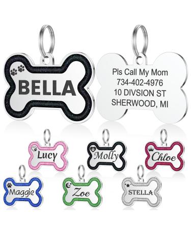 Dog brand with engraving - Yhananti personalized trailer for small to medium -sized dogs in glitter bones - stainless steel dog brand personalized with name telephone number and address (black large) L black