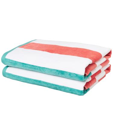 Amazon Basics Oversized Premium Cotton Beach Towel - Pop Stripe - Coral/Turquoise, 36" x 72", 2-Pack