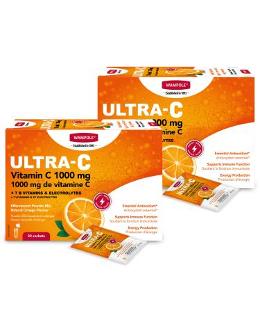 Wampole Ultra-C 1000 mg of Vitamin C + B Vitamins & Electrolytes Effervescent Powder Mix Immunity Energy and Hydration (2 Pack)
