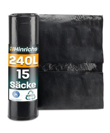 Hinrich's garbage bags 240l extra strong - 15 -roll - 100x125 cm - Extremely tearproof garbage bags - garbage bags made of recycling LDPE - black sacks - waste bags for garden household & construction site (15 sacks)
