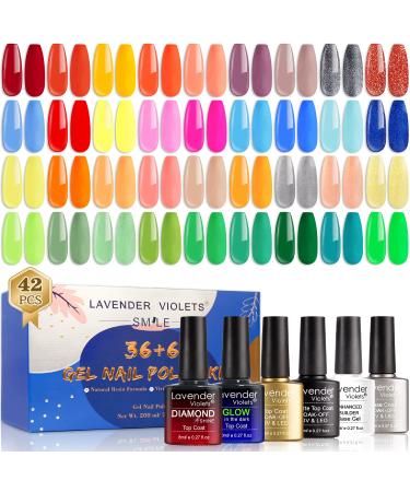 Lavender Violets 42 Pieces Gel Nail Polishes Set Fluorescence High Color Rendering with Glossy & Matte & Diamond & Glow in the Dark Top Coat and Base Coat Soak-off UV LED Full Range Shades C955 Sunflowers