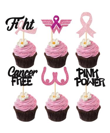 Rsstarxi 24 Pack Breast Cancer Awareness Cupcake Toppers Glitter Pink Power Hope Ribbon Cake Decorations Fight Beliveve Cancer Free Cupcake Picks for Pink Ribbon Party Cake Decorations Supplies Design 3