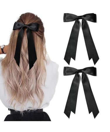 2PCS Hair Bows for Women- Silky Satin Bow Hair Clip Black+Black