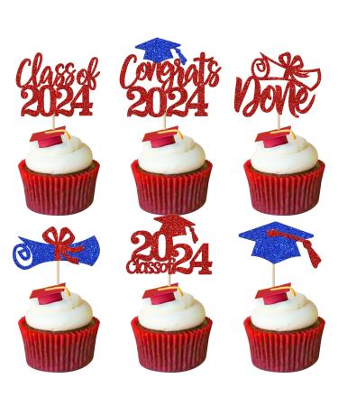 Rsstarxi 24 Pack Class of 2024 Cupcake Toppers 2024 Graduation Food Appetizer Picks 2024 Congrats Grad Cap Done Diploma Cupcake Picks for 2024 Graduation Theme Party Cake Decorations Red Blue