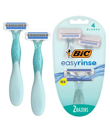 BIC EasyRinse Anti-Clogging Women's Disposable Razors for a Smoother Shave With Less Irritation*, Easy Rinse Shaving Razors With 4 Blades, 2 Count 2-Count (Pack of 1)