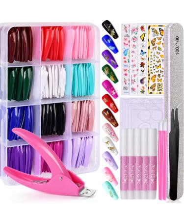 360PCS Long Press on Nails Coffin MORGLES 12 Colors False Nails with Glue Adhesive Tabs Stickers Tweezer 10 Sizes Long Glossy Ballerina