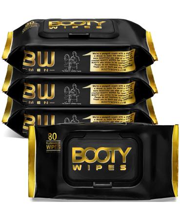 Booty Wipes for Men - 320 Flushable Wipes for Adults | Premium Wet Wipes for Men - pH Balanced & Infused with Vitamin-E & Aloe | Male Toilet Wipes | Flushable Safe 80 Count (Pack of 4)