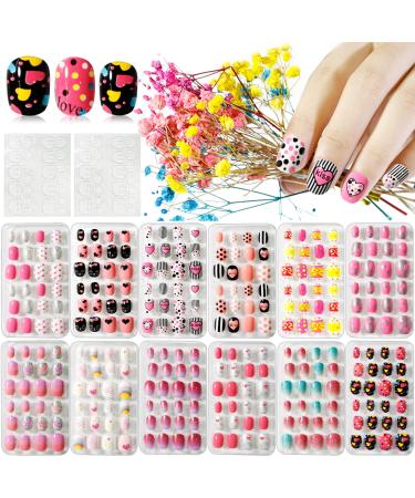 Kalolary 288PCS kids False Nail, Press on Pre-glue Full Cover Candy Pattern Short False Nail Kits with 48PCS Nail Adhesive Tabs, Children's Day Lovely Gift for Kids Little Girls Nail Art Decoration