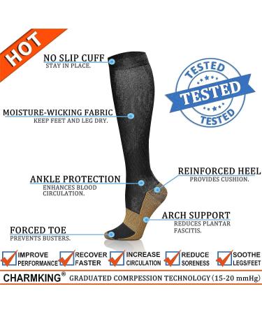 Copper Compression Socks (8 Pairs) 15-20 mmHg | Graduated Athletic & Daily Wear for Men & Women | Running, Travel | Black | Large-X-Large - Buy Online on SooperMarket.com