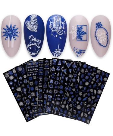 JMEOWIO 8 Sheets Christmas Glitter Nail Art Stickers Decals Self-Adhesive Snowflake Xmas Winter Holiday Cute Blue White Nail Supplies Nail Art Design Decoration Accessories Blue White & Glitter