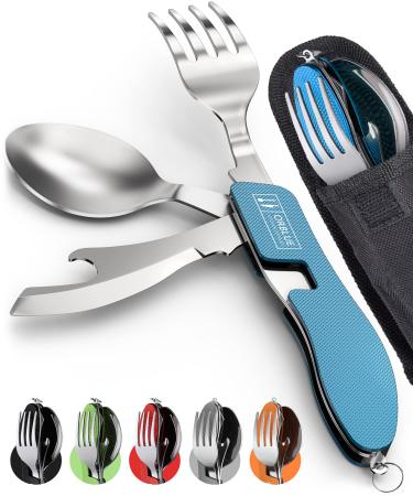 Orblue 4-in-1 Camping Utensils 2-Pack - Portable Stainless Steel Spoon Fork Knife & Bottle Opener Combo Set - Travel Backpacking Cutlery Multitool Blue Ultramarine Blue