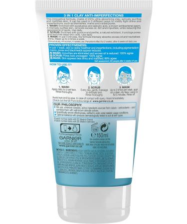 Garnier Pure Active 3in1 Clay Mask-Wash-Scrub 150ml With Clay Eucalyptus & Salicylic Acid Face Cleanser For Oily Skin Packaging May Vary (Pack of 3) 1.2 l (Pack of 3) 3in1 Clay Mask Scrub - Buy Online on SooperMarket.com