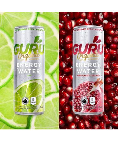 GURU Energy Sparkling Water Mix Pack | 0 Calories | Sugar Free | Certified Organic | 100mg Caffeine | Naturally Sweetened | 355ml (Pack of 24) (24 Pack Lime & Pomegranate) - Buy Online on SooperMarket.com