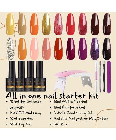 Clou Beaute Cozy Campfire Collection Gel Nail Polish Kit - 18 Fall Winter Colors | Orange Yellow Green Soak Off Polish Set with Lamp Base and Top Coat | 8ml Manicure Gift for Women - S22-07 - Buy Online on SooperMarket.com