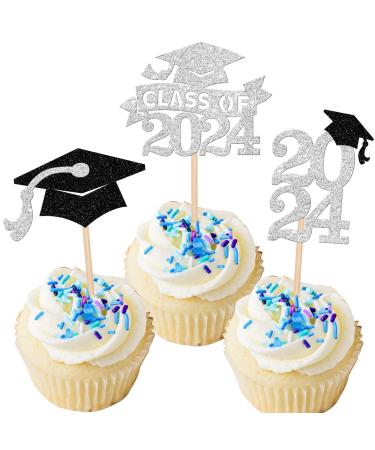 24 Pack Graduation 2024 Cupcake Toppers Glitter Congrats 2024 Done Diploma Cupcake Picks for Class of 2024 Graduation Theme Cake Decorations Party Supplies Silver congrats 2024(24 pcs) Silver-1