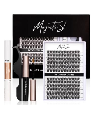Cluster Lashes 144PCS DIY Lashes Extension Kit Individual Lashes with Lash Bond & Seal Super Hold Applicator Tool Cluster Lashes Remover Wide-stem Cluster Lash MIX Length 10-16MM C/D Curl-DM17 144PCS KIT-DM17