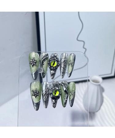 Dark long pointed handmade wearing armor with metal illusion long style nail patches that can be reused for nail enhancement (Size : S) - Buy Online on SooperMarket.com
