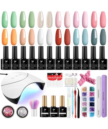 Gel Nail Polishes Starter Kit Phoenixy 12 Colors Gel Nail Polish Set with 36W UV/LED Nail Lamp Soak Off Gel Nail Kit with Glossy Matte Base Top Coat Nail Gel Polish Nail Art DIY at Home 12 Summer Breeze
