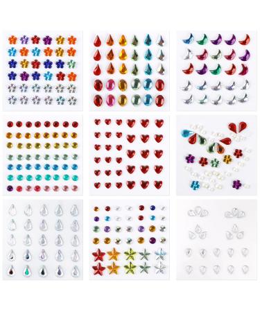 9 Sheets Face Jewels Self-adhesive Face Stickers Jewels Stick on Face Diamonds Rhinestones for Makeup Face Jewels Rhinestones Crystal Stickers for Face Eye Arm Body Nail Decoration Party